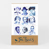 A sheet of illustrated blue-toned postage-style stamps featuring nine portrait panels of blues musicians, with the title "THE BLUES" printed at the bottom.