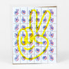 A sheet of small postage-stamp-style squares printed with repeated blue and pink hand-gesture illustrations, overlaid by a large yellow peace-sign style graphic.