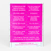 A pink stamp set sheet with twelve rectangular stamps printed with white all-caps text, including phrases such as "12 PRINCIPLES FOR PROTOTYPING A FEMINIST BUSINESS," "YOU HAVE A BODY," and "A BUSINESS CAN BE A MODEL FOR A NEW SOCIAL & ECONOMIC ORDER."