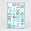 A sheet of decorative rubber stamps arranged in a 4-by-5 grid, featuring abstract teal and gray geometric and nature-inspired shapes with visible border dots and handwritten text including "52/100" and "Jesse Ledoux".