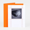 A folded orange and white card or booklet with a dotted grid pattern and a centered black-and-white image of a sculpted human head.