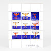 A sheet of artist stamps or prints shows nine small colored figures lifting barbells, each square labeled with a handwritten name such as KATHY, DEBBY, SHARSTEN, PATTY, JANE, SHEILA, JERIELLE, WENDY, and SANDY, with a signature and edition marking "K Bradford 5/100" at the bottom.