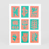 A sheet of nine small rectangular stamps in alternating coral and teal blocks, each showing a simple hand-carved style graphic of a creature, face, plant, car, or abstract figure.