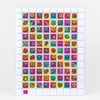 A sheet of small square floral sticker or stamp-like images arranged in a grid, each showing a brightly colored stylized flower in a different neon color block, with the name "KRISTA PERRY" printed near the bottom.