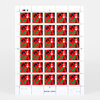 A sheet of 30 square postage-style stamps printed with bold red, green, black, and white abstract lettering spelling "GAZA," with "GAZA LOVE" printed at the bottom and handwritten edition markings.