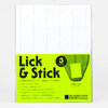 A pack labeled "Lick & Stick" with 3 perforated 8.5 x 11 inch sheets, 75 stamps, and stamp size 1.5" x 2", in a neon green and white package.