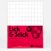 A pack of ten perforated 8.5 x 11 inch "Lick & Stick" stamp sheets in clear packaging with a bright pink label, a grid of small white stamp blanks, and text reading "10 sheets" and "The Portland Stamp Company."
