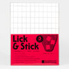 A clear plastic package of "Lick & Stick" stamp paper with a white dotted grid sheet visible inside and a bright pink label reading "3 sheets" and "The PORTLAND STAMP Company."