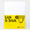 A package of Lick & Stick square stamp paper with a grid pattern, a yellow label reading "Lick & Stick," "3 sheets," "3 perforated 8.5 x 11" sheets / 90 square stamps," and "stamp size 1.5" x 1.5"," from The Portland Stamp Company.