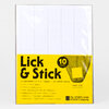 A packaged set of blank square stamp sheets labeled "Lick & Stick," showing 10 sheets and a printed stamp size of 1.5" x 1.5".