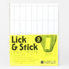 A package of yellow "Lick & Stick" stamp paper sheets with large black text, a "3 sheets" circle, perforated grid lines, and The Portland Stamp Company logo.