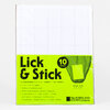 A pack of Portland Stamp Company "Lick & Stick" adhesive stamp paper with a bright green label showing "10 sheets," "10 perforated 8.5 x 11" sheets / 250 stamps," and "stamp size 1.5" x 2"."