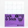 A package of purple-and-white "Lick & Stick" triangular label paper with a visible grid and diagonal perforation lines, marked "5 sheets" and "The Portland Stamp Company."