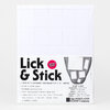 A package of Portland Stamp Company "Lick & Stick" variety pack paper sheets with a grid of perforations and printed size information for standard, tall, small, square, and jumbo stamp sizes.
