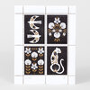 A limited-edition print with four black rectangular panels showing white birds, floral motifs, and a white cat, with the word "GROW" printed in one panel and "75/100" and "CF" written near the bottom.