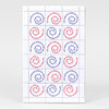 A sheet of postage-style stamps printed with red and blue spiral designs made from the repeated words "MAIL MORE MAIL" and dotted perforation lines.