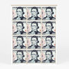 A sheet of nine printed stamps shows the same portrait of Ruth Bader Ginsburg inside dollar-bill-style frames, with handwritten text along the bottom margin.