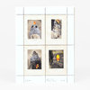 A signed and numbered art print or page featuring four small collaged figures with dotted grid lines and handwritten markings at the bottom.