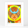 A colorful signed art print with an abstract sun-and-cosmos design, a small cityscape along the bottom, and visible edition marking "55/100".