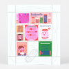 A print or card featuring a grid of colorful illustrated postage-stamp designs with sewing themes and legible text including "Bobbinville," "SEAMTOWN," "Stitchland," "Sewcorner," and "I LOVE YOU SEW MUCH."