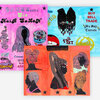 A colorful printed artwork sheet featuring multiple stylized profile illustrations of heads with patterned hair and handwritten words such as "BUY SELL TRADE" and "We Buy Comets."