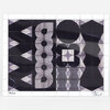 A black-and-gray geometric print with a grid of abstract shapes, including circles, diamonds, stripes, and a tall central figure, numbered "52/100" and signed "Chandler" at the bottom.