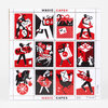 A printed sheet titled "MAGIC CAPES" with twelve red, black, and white illustrated scenes of stylized animals and figures carrying gifts, each framed in a dotted grid.