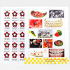 A printed sheet with a grid of small images including watermelon slices, a fly on fruit, a gold decorative nameplate, a black-and-white crowd photo, a smiling face in a watermelon, and repeated labels reading "MADE IN THE RED BLACK AND GREEN."