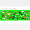 A print with the handwritten text "Lets smell the Earth together" above a bright green panel filled with many small, cartoon-like mushroom and fungus characters in assorted colors and shapes.