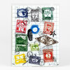 A printed art card or print showing a collage of colorful postage stamp illustrations, cancellation marks, and a handwritten-style signature reading "Art Ch..." at the bottom right.
