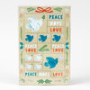 A tall rectangular print featuring a grid of white and teal doves carrying olive branches, with the words "PEACE," "HOPE," and "LOVE" repeated in bold block letters.