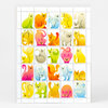 A print showing a grid of colorful stylized cat illustrations in separate squares, with a handwritten signature and edition number at the bottom.