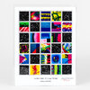 A print or poster featuring a 5-by-6 grid of colorful abstract square images with dotted borders, titled "Interstellar Gestures: 30 Paintings / 30 Stamps" and "An Homage to Jack Whitten," with a signed artist name and edition number at the bottom.