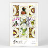 A sheet of nine decorative fantasy postage-style stamp illustrations featuring fairies and the repeated text "The Faerie Correspondence Service," with "75/100" and a signature at the bottom.