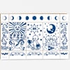 A small blue-and-white print or card with a grid of moon phases across the top, decorative vine borders on the sides, and three central panels labeled "The Sun," "The Star," and "The Moon" showing whimsical baby illustrations and celestial motifs.