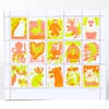 A square print or card shows a 3-by-5 grid of bright neon animal illustrations, including a ghost, sea creature, ape, dragon, octopus, butterfly, rabbit, deer, and pig, with the handwritten text "51/100" and "surrey" at the bottom.