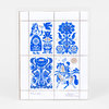 An editioned print with four blue folk-art style illustrations arranged in a grid, including two women, floral motifs, and a rider on a horse, with handwritten "74/100" and "OANA BEFORT 2020" at the bottom.