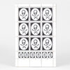 A sheet of black-and-white postage stamps featuring a skull above crossed bones, with nine larger stamps and six smaller stamps arranged in a grid.