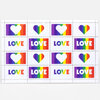 A sheet of decorative stamps showing repeating rainbow-striped hearts and the word "LOVE" in bold rainbow colors, arranged in perforated rectangles.