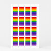 A sheet of rectangular postage stamps printed with vertical rainbow pride flag stripes in a 4-by-4 grid.