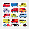A souvenir sheet of stamps featuring ten colorful illustrated mail trucks labeled with countries including Australia, Yugoslavia, W. Germany, U.S.A., Japan, India, Canada, France, U.S.S.R., Brazil, U.K., and Nigeria, with large text reading "MAIL TRUCK EXPO" and "1987 Portland Int'l."