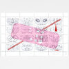 A print with a grid of abstract black line drawings accented by translucent pink areas and a few red diagonal and vertical marks, with "05/100" written at the bottom right.