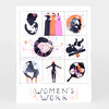 A sheet of illustrated stamps featuring nine panels of women-themed artwork, including silhouettes, figures, and a globe, with the text "WOMEN'S WORK" at the bottom and "51/100" and a signature at the top.