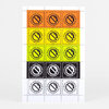A sheet of square stickers or stamps in orange, yellow, black, and white, each with a crossed-out revolver graphic and the text "STOP GUN VIOLENCE NOW" and "GUN REFORM," plus small repeating text along the edges.