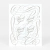A sheet of four silver-toned script stamps reading "Thank you" in ornate calligraphy with large looping flourishes.