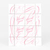 A pink script stamp design with the words "Thank you" repeated four times in a 2x2 layout inside a sheet marked by dotted grid lines and looping decorative flourishes.