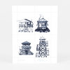 A sheet of four black stamped drawings of small lookout towers or watchtowers arranged in a 2-by-2 grid on white paper with faint dotted guide lines and pencil marks at the bottom.