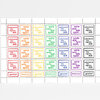 A sheet of colorful square stamps with bilingual text variations, including "solamente nos separa 60¢.", "we're only 60¢ apart.", "¡gracias!", and "thank you!" in red, orange, yellow, green, blue, purple, and black borders.