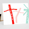 A folded greeting card shows three colorful dancing air-dancer figures with the words "FUCK," "F," and "YEAH" printed vertically on their bodies.