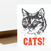 A folded blank greeting card with a black-and-white cat face illustration and the word "CATS!" in large red letters on the front.